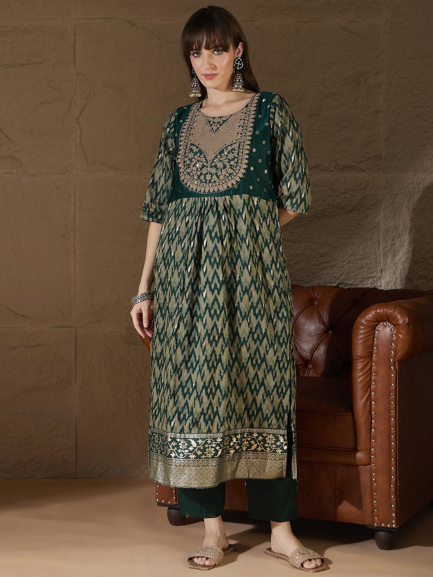 Saumya Green Cotton Silk Embellished Flared Suit Set - FitVibe Fashion