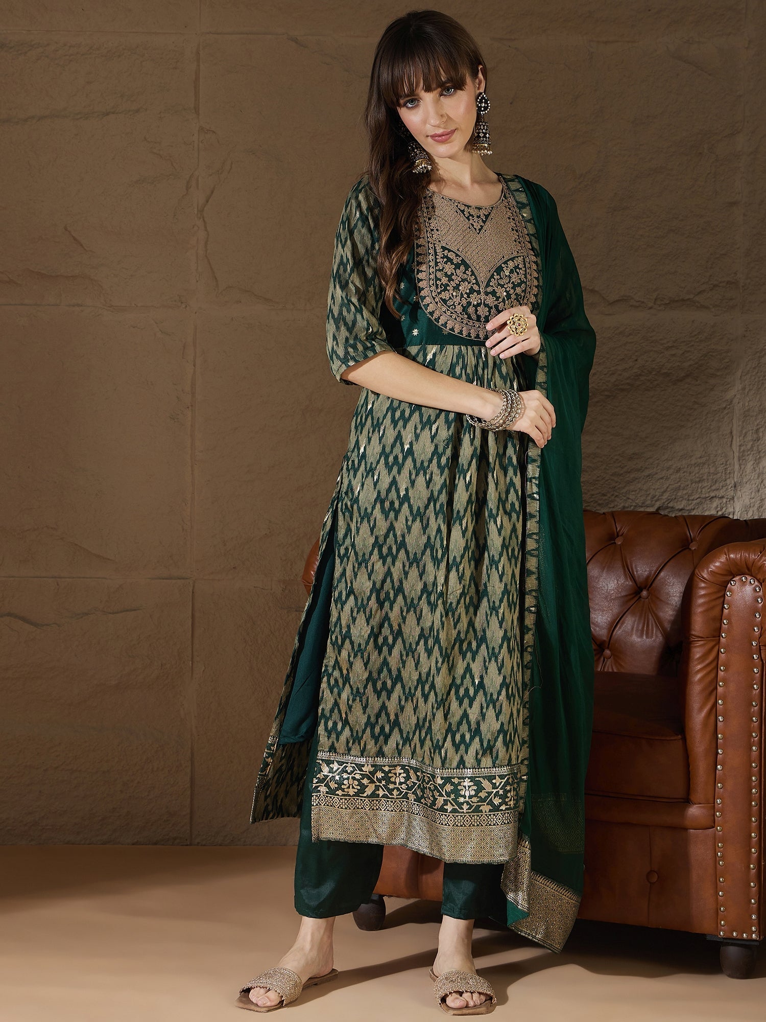 Saumya Green Cotton Silk Embellished Flared Suit Set - FitVibe Fashion