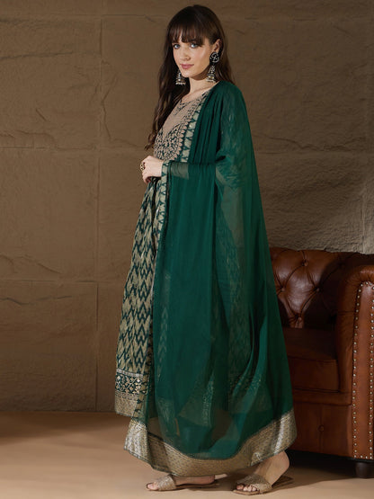 Saumya Green Cotton Silk Embellished Flared Suit Set - FitVibe Fashion