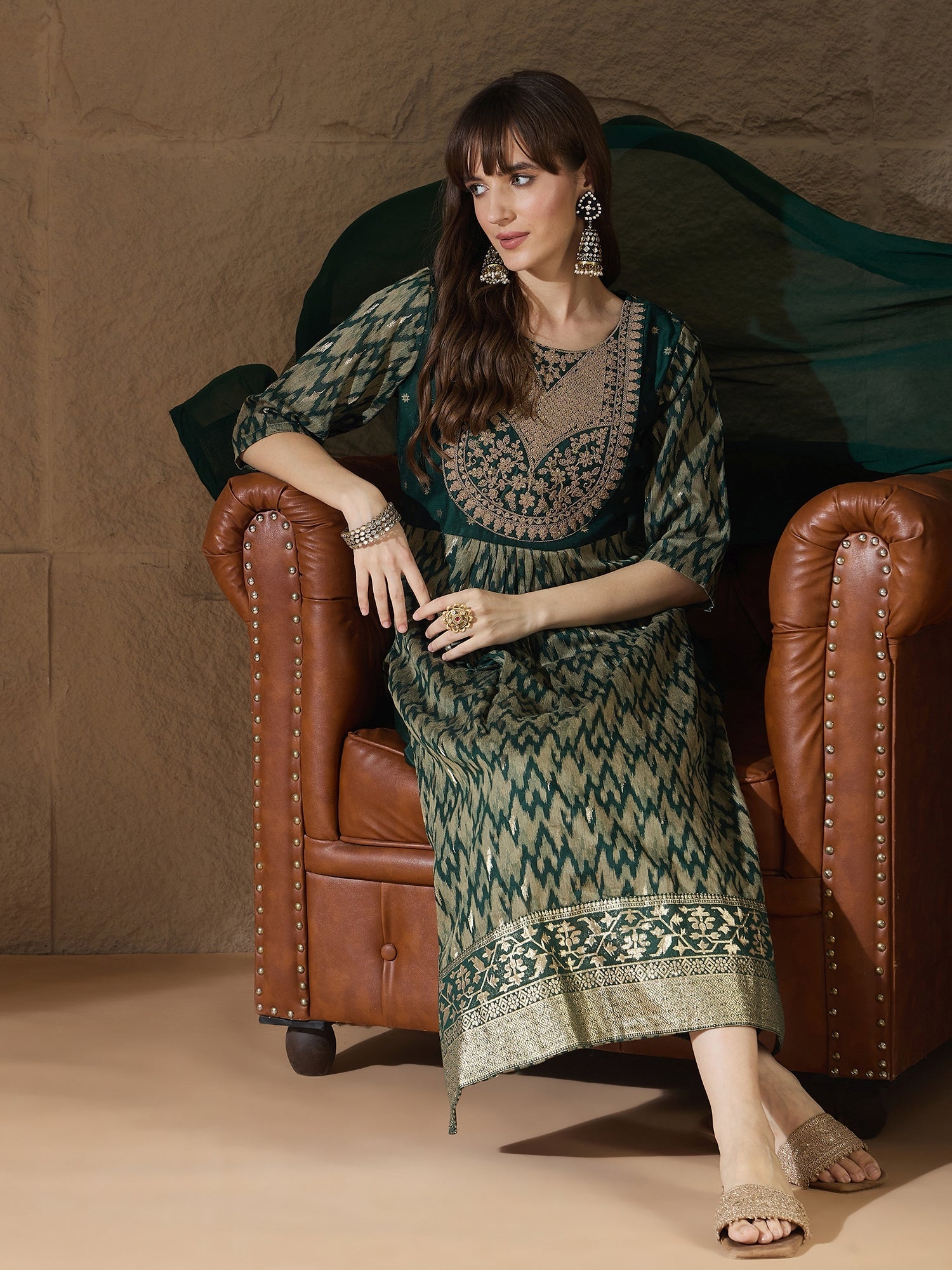 Saumya Green Cotton Silk Embellished Flared Suit Set - FitVibe Fashion