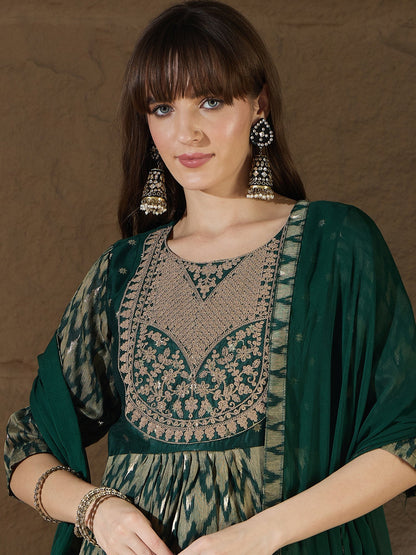 Saumya Green Cotton Silk Embellished Flared Suit Set - FitVibe Fashion