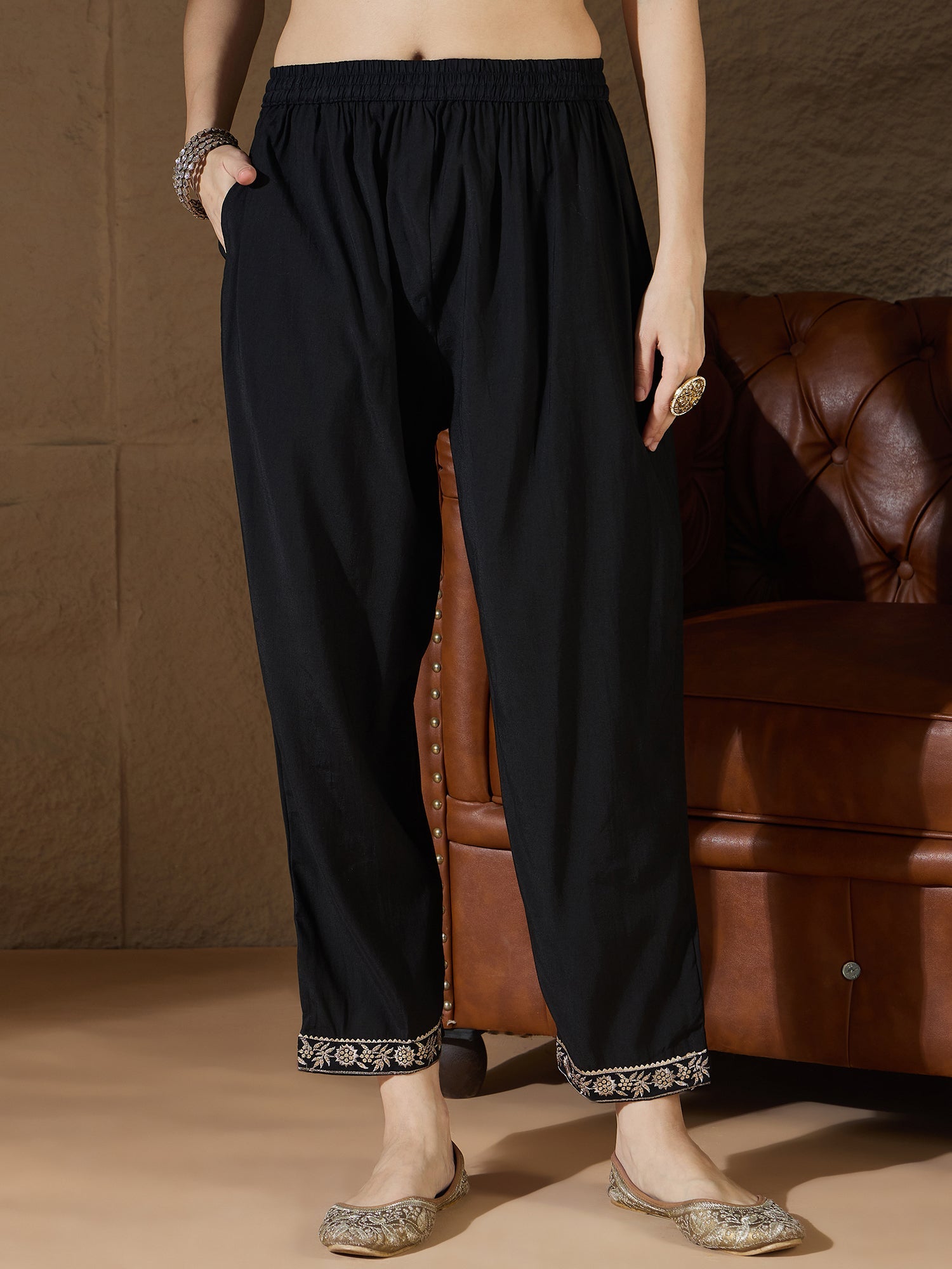 Chitra Charm black Yoke Design Silk Blend Straight Suit With Dupatta - FitVibe Fashion