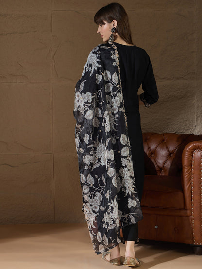 Chitra Charm black Yoke Design Silk Blend Straight Suit With Dupatta - FitVibe Fashion