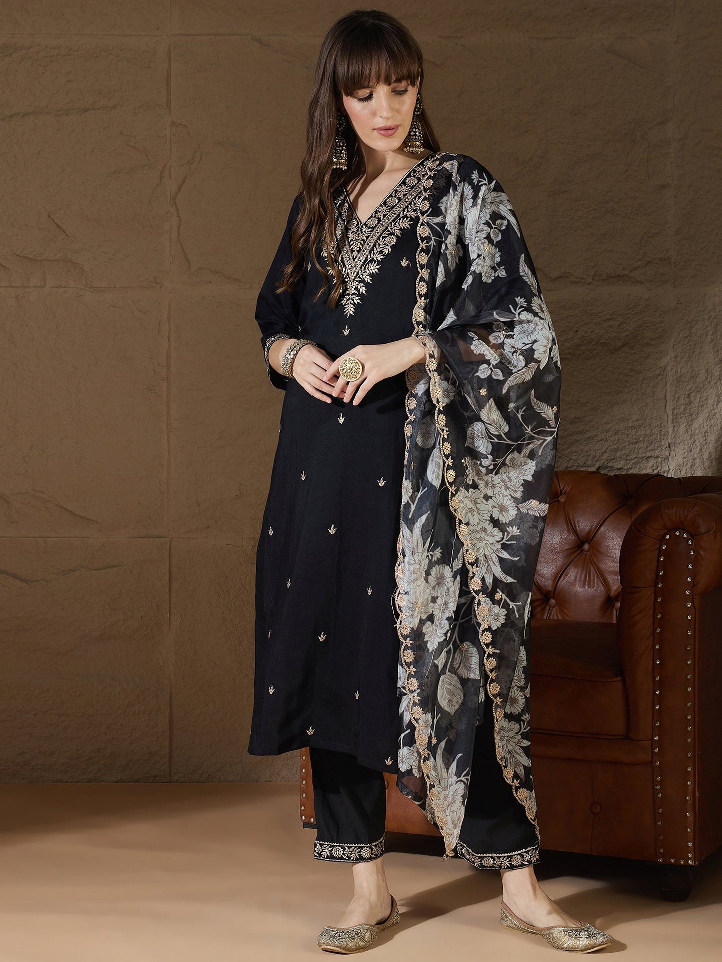 Chitra Charm black Yoke Design Silk Blend Straight Suit With Dupatta - FitVibe Fashion