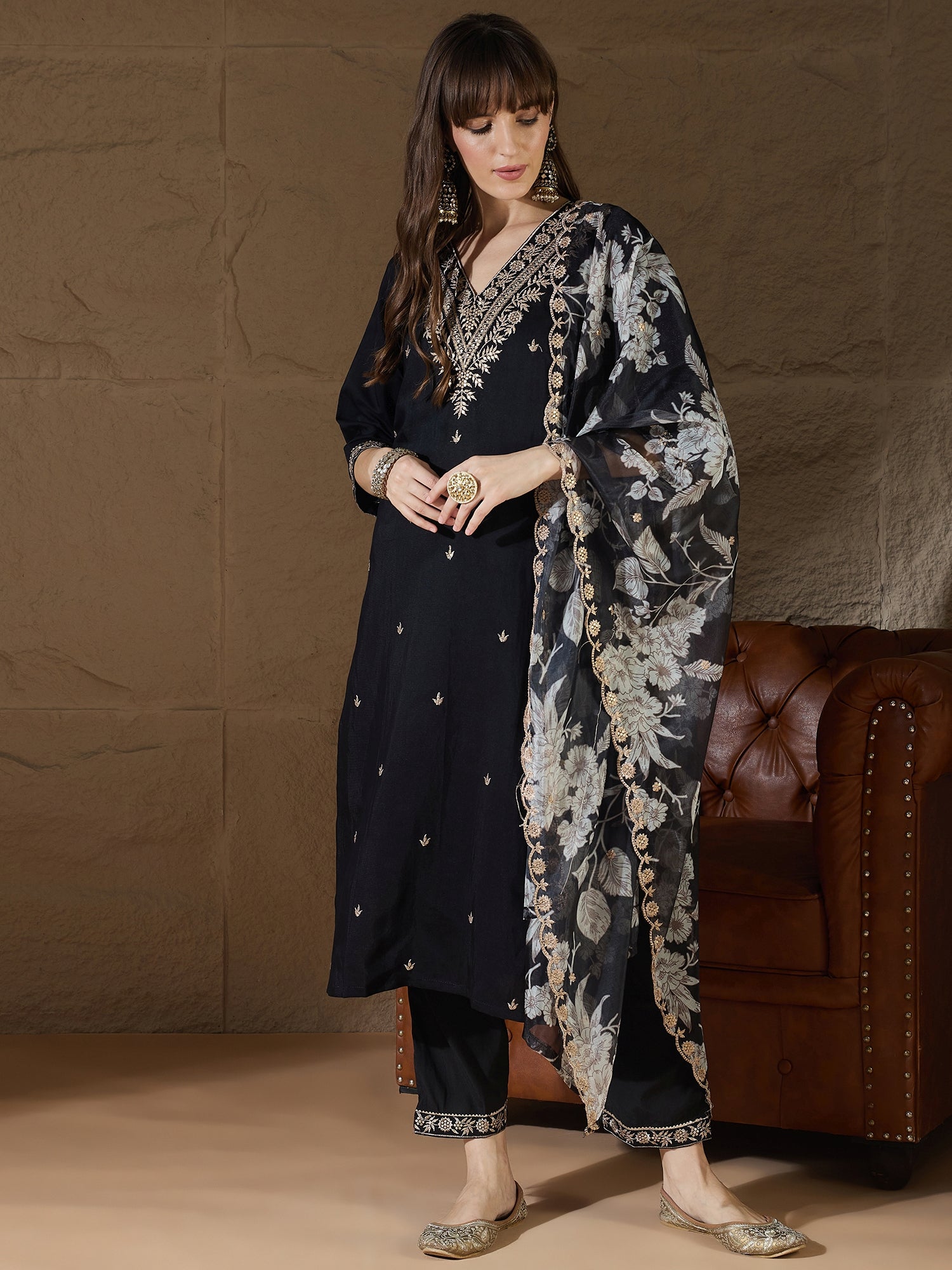 Chitra Charm black Yoke Design Silk Blend Straight Suit With Dupatta - FitVibe Fashion