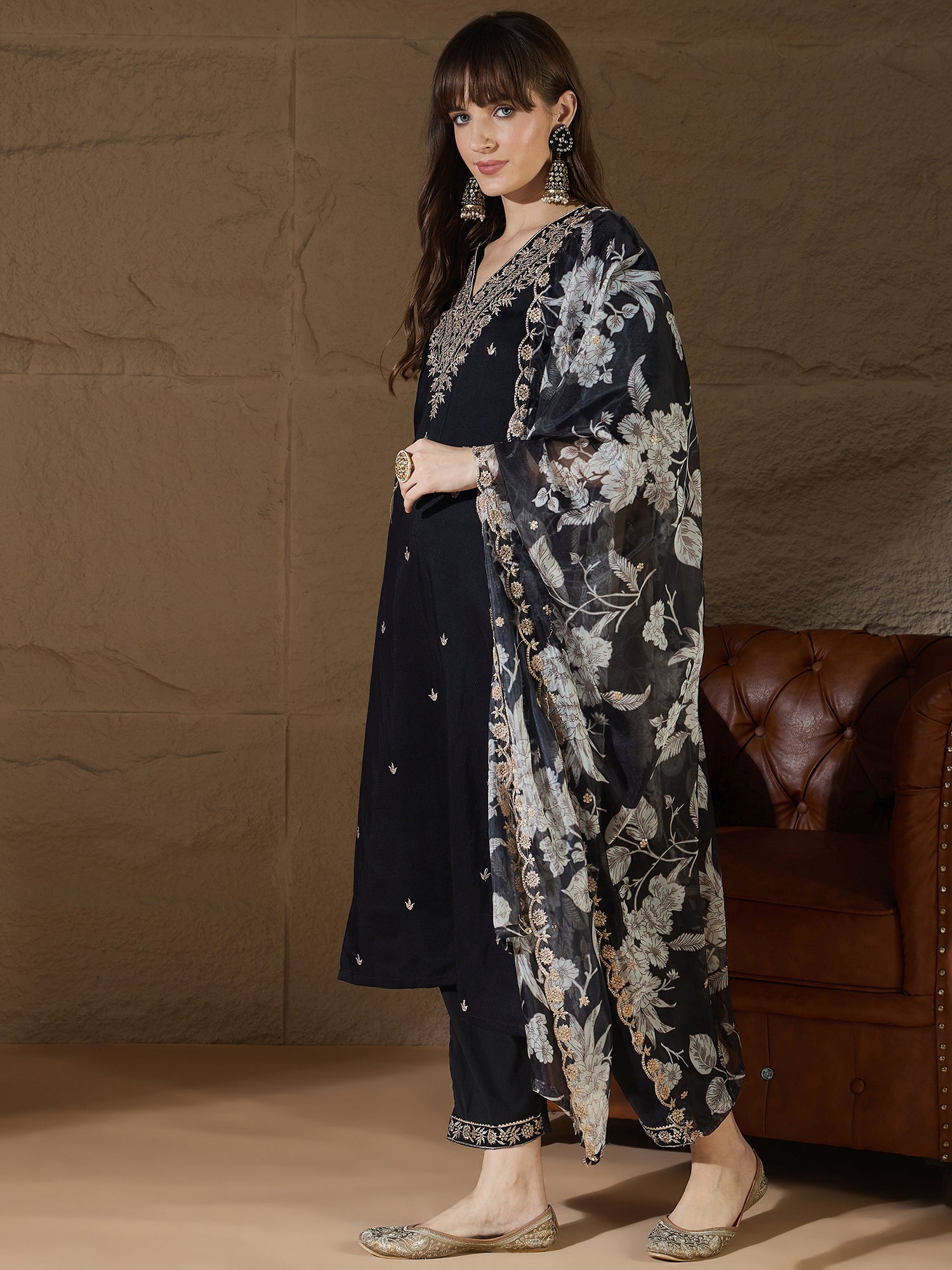 Chitra Charm black Yoke Design Silk Blend Straight Suit With Dupatta - FitVibe Fashion