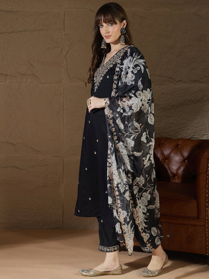 Chitra Charm black Yoke Design Silk Blend Straight Suit With Dupatta - FitVibe Fashion