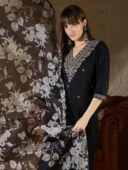 Chitra Charm black Yoke Design Silk Blend Straight Suit With Dupatta - FitVibe Fashion