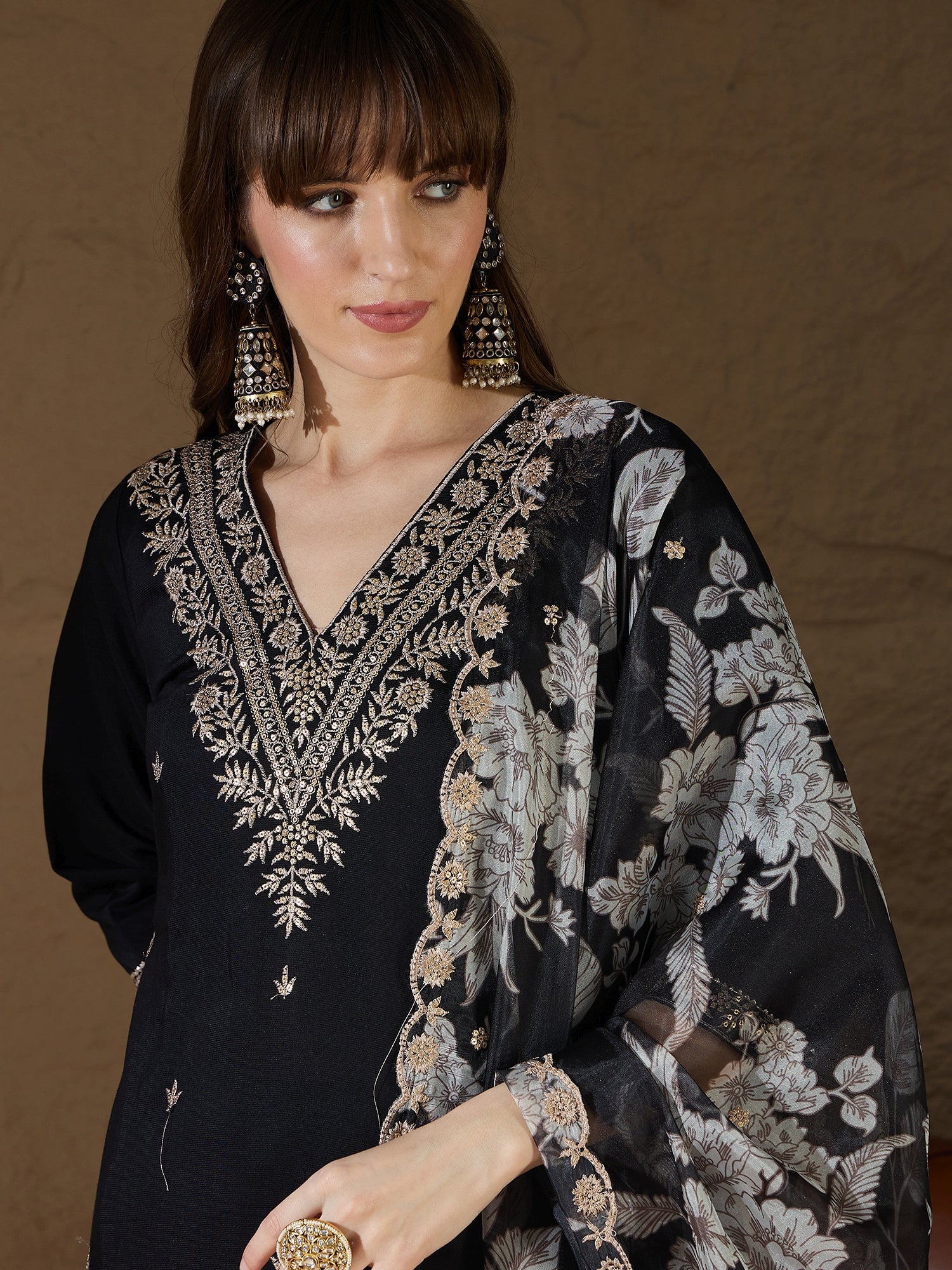 Chitra Charm black Yoke Design Silk Blend Straight Suit With Dupatta - FitVibe Fashion