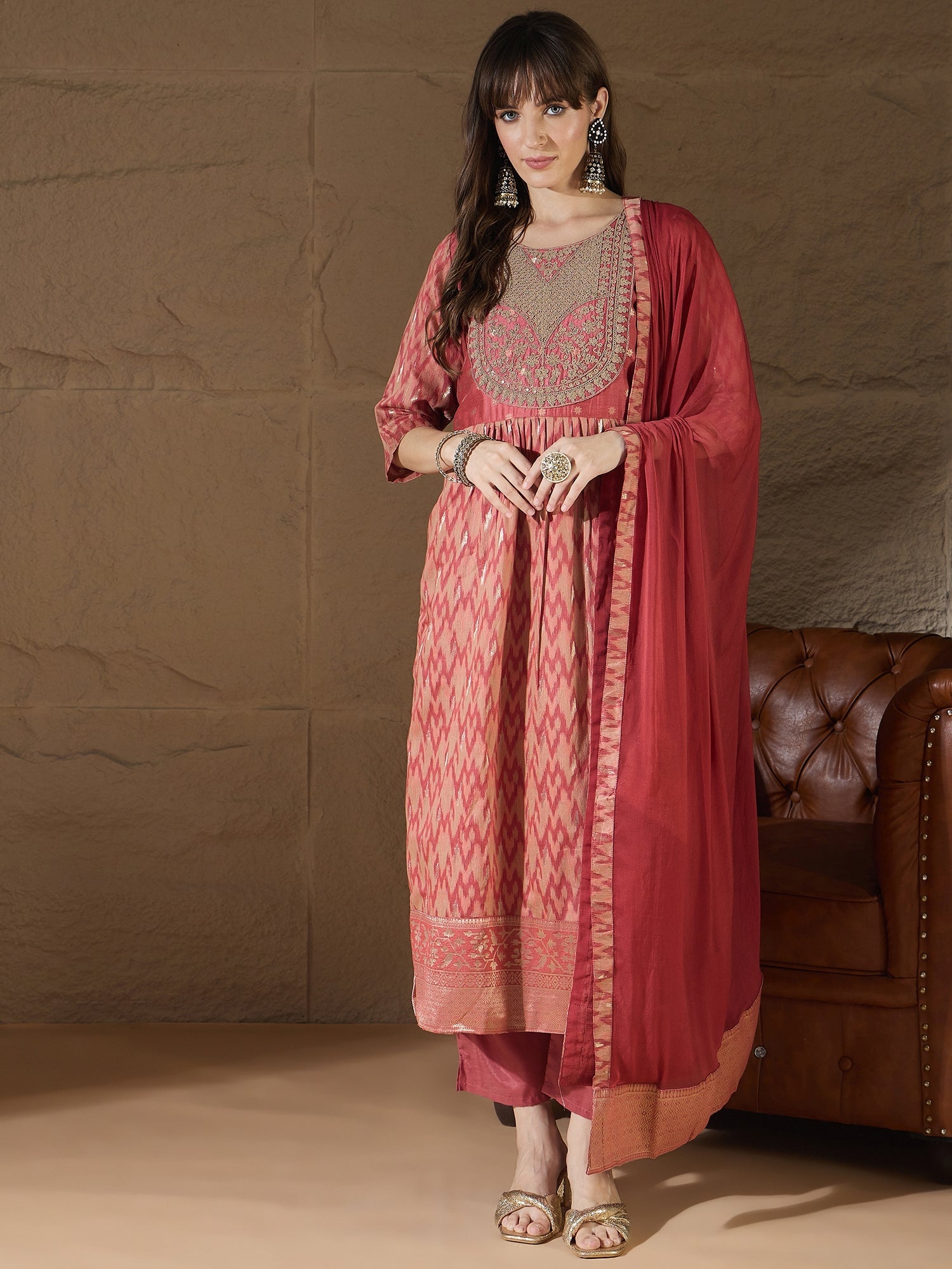 Saiyaara Peach Cotton Silk Embellished Flared Suit Set - FitVibe Fashion