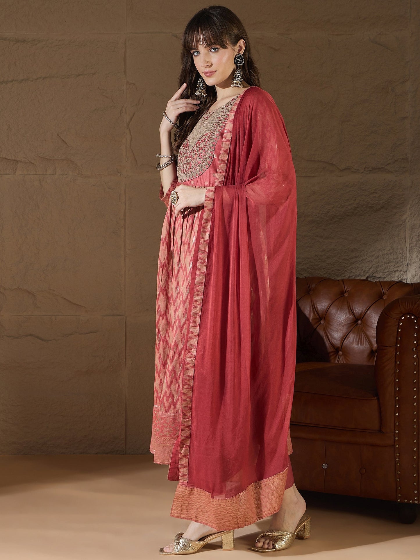 Saiyaara Peach Cotton Silk Embellished Flared Suit Set - FitVibe Fashion