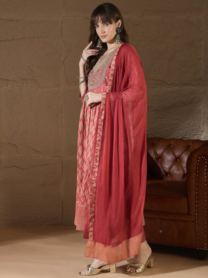 Saiyaara Peach Cotton Silk Embellished Flared Suit Set - FitVibe Fashion