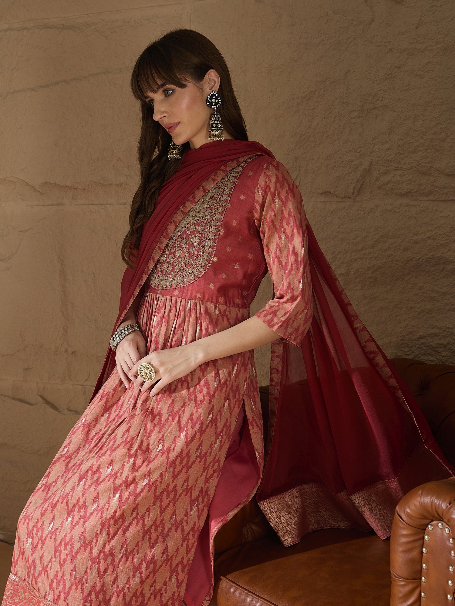 Saiyaara Peach Cotton Silk Embellished Flared Suit Set - FitVibe Fashion