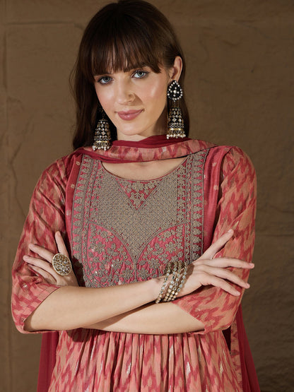 Saiyaara Peach Cotton Silk Embellished Flared Suit Set - FitVibe Fashion