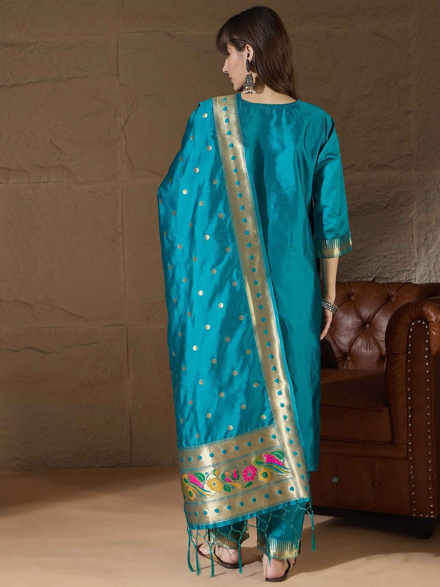 Aanira Rama Cotton Silk Jacquard Kurta Pant With Banarasi Silk dupatta