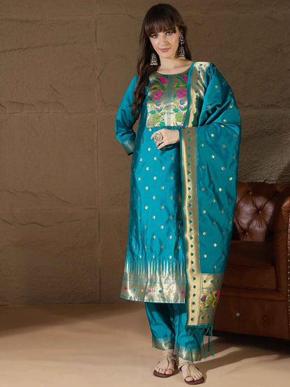 Aanira Rama Cotton Silk Jacquard Kurta Pant With Banarasi Silk dupatta