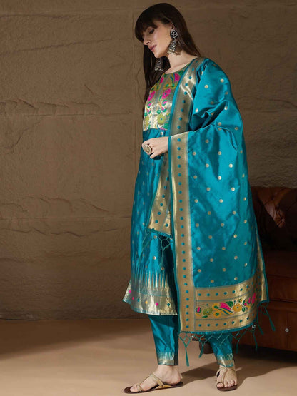 Aanira Rama Cotton Silk Jacquard Kurta Pant With Banarasi Silk dupatta