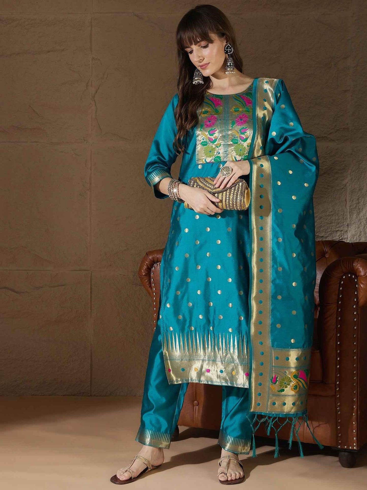 Aanira Rama Cotton Silk Jacquard Kurta Pant With Banarasi Silk dupatta