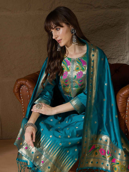 Aanira Rama Cotton Silk Jacquard Kurta Pant With Banarasi Silk dupatta