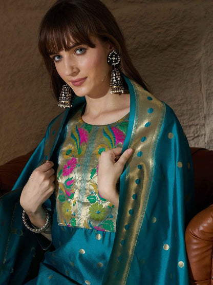 Aanira Rama Cotton Silk Jacquard Kurta Pant With Banarasi Silk dupatta