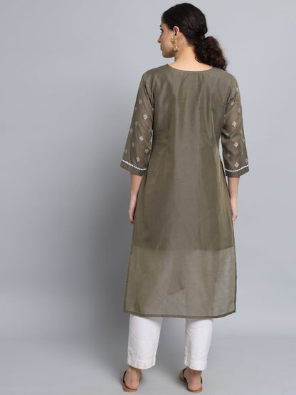 Women Embellished Silk Blend Straight Kurta - FitVibe Fashion