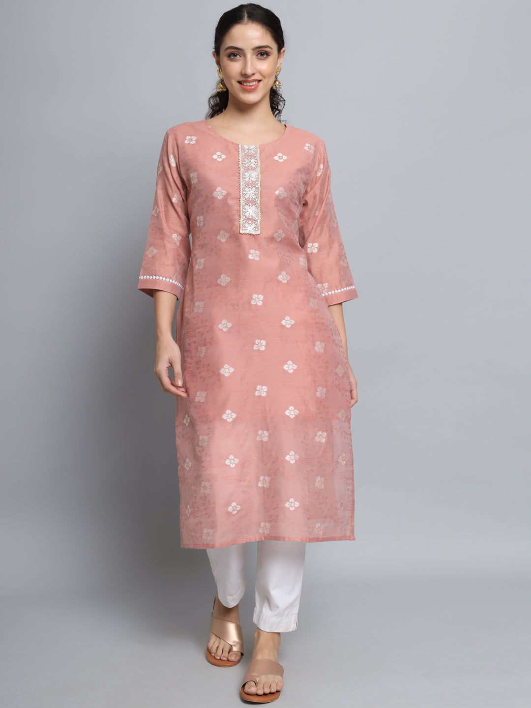 Women Embellished Silk Blend Straight Kurta - FitVibe Fashion