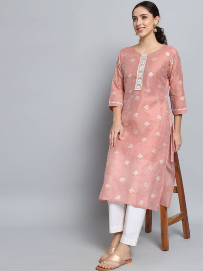 Women Embellished Silk Blend Straight Kurta - FitVibe Fashion