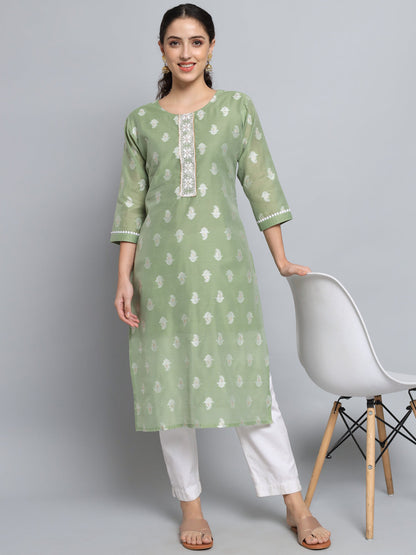 Women Embellished Silk Blend Straight Kurta - FitVibe Fashion