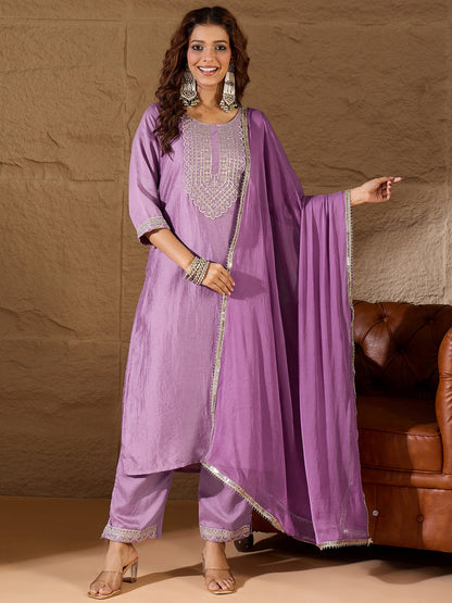 Lavender Silk Blend Yoke Design Kurta and Trousers Pant Set - FitVibe Fashion