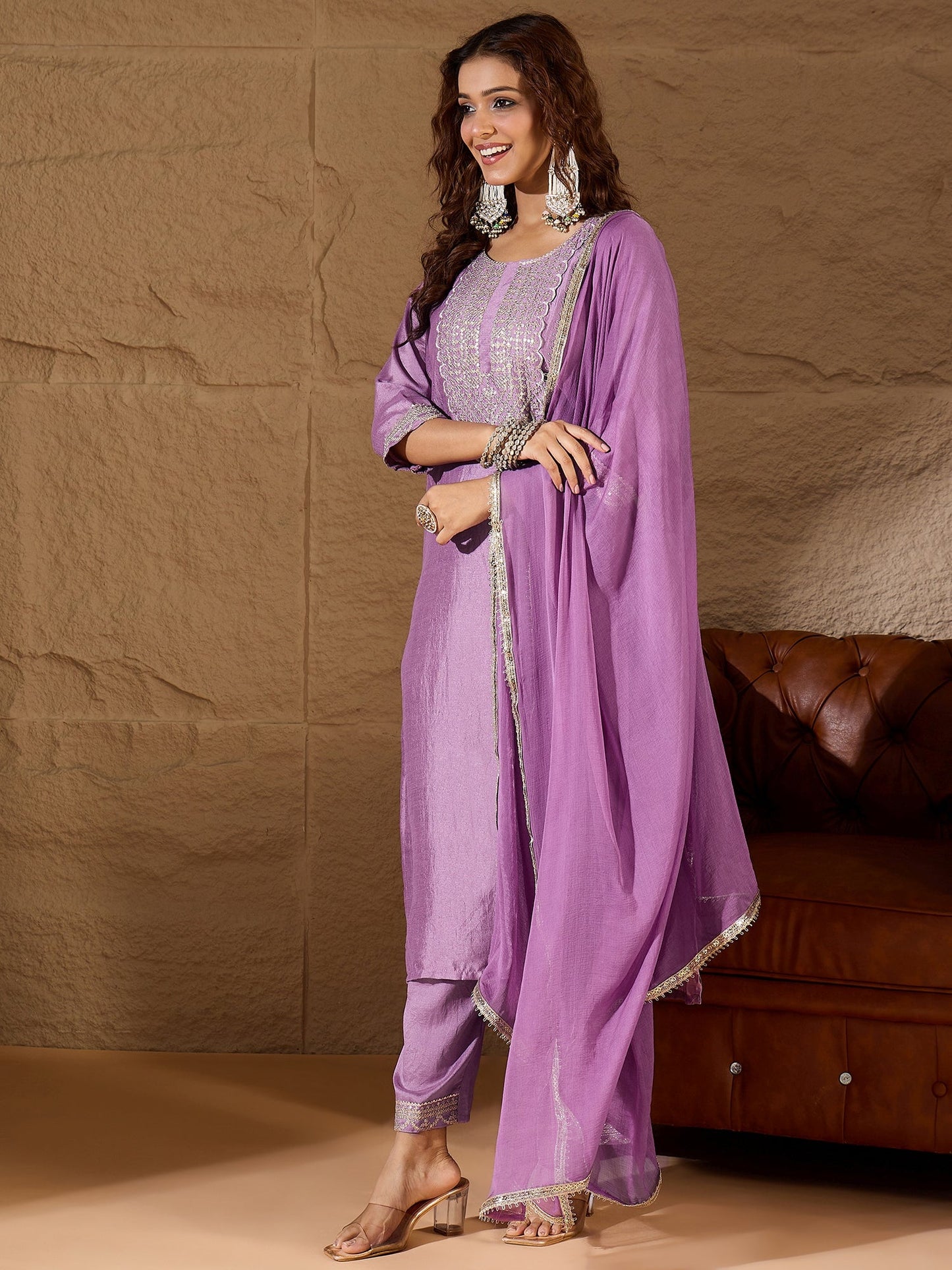 Lavender Silk Blend Yoke Design Kurta and Trousers Pant Set - FitVibe Fashion
