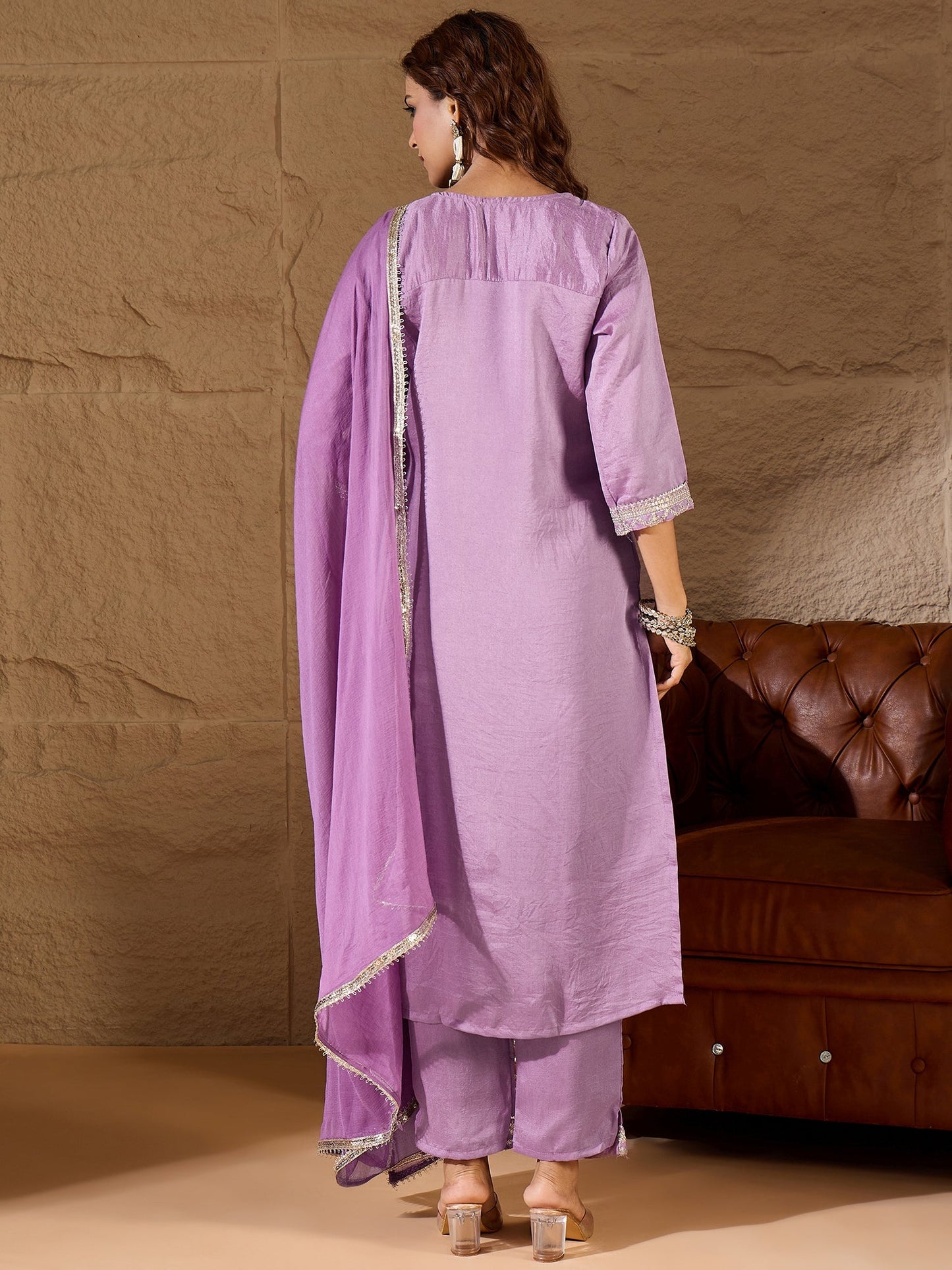 Lavender Silk Blend Yoke Design Kurta and Trousers Pant Set - FitVibe Fashion
