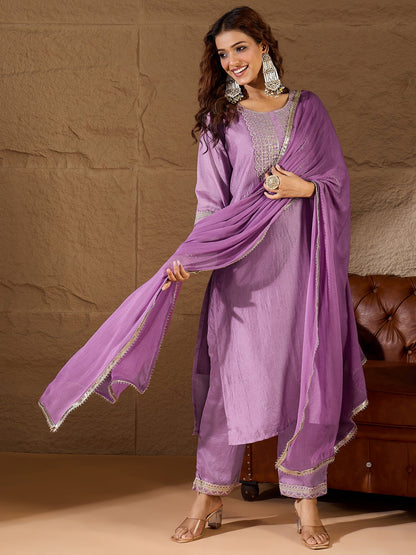 Lavender Silk Blend Yoke Design Kurta and Trousers Pant Set - FitVibe Fashion