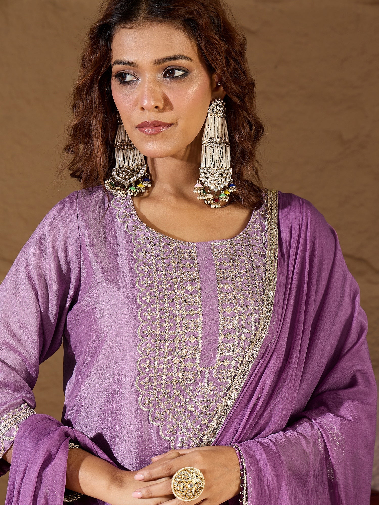 Lavender Silk Blend Yoke Design Kurta and Trousers Pant Set - FitVibe Fashion