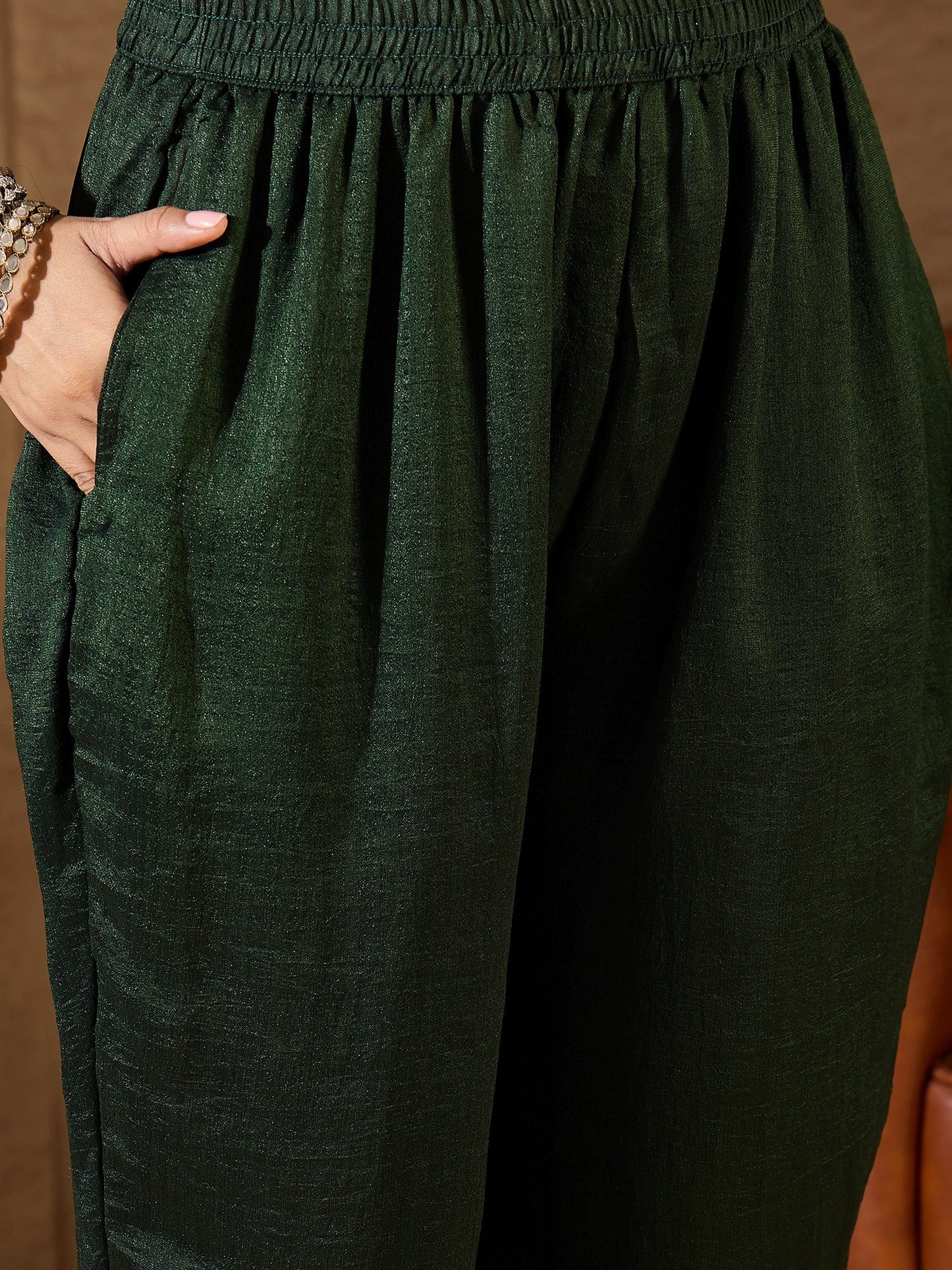 Green Silk Blend Yoke Design Kurta and Trousers Pant Set - FitVibe Fashion