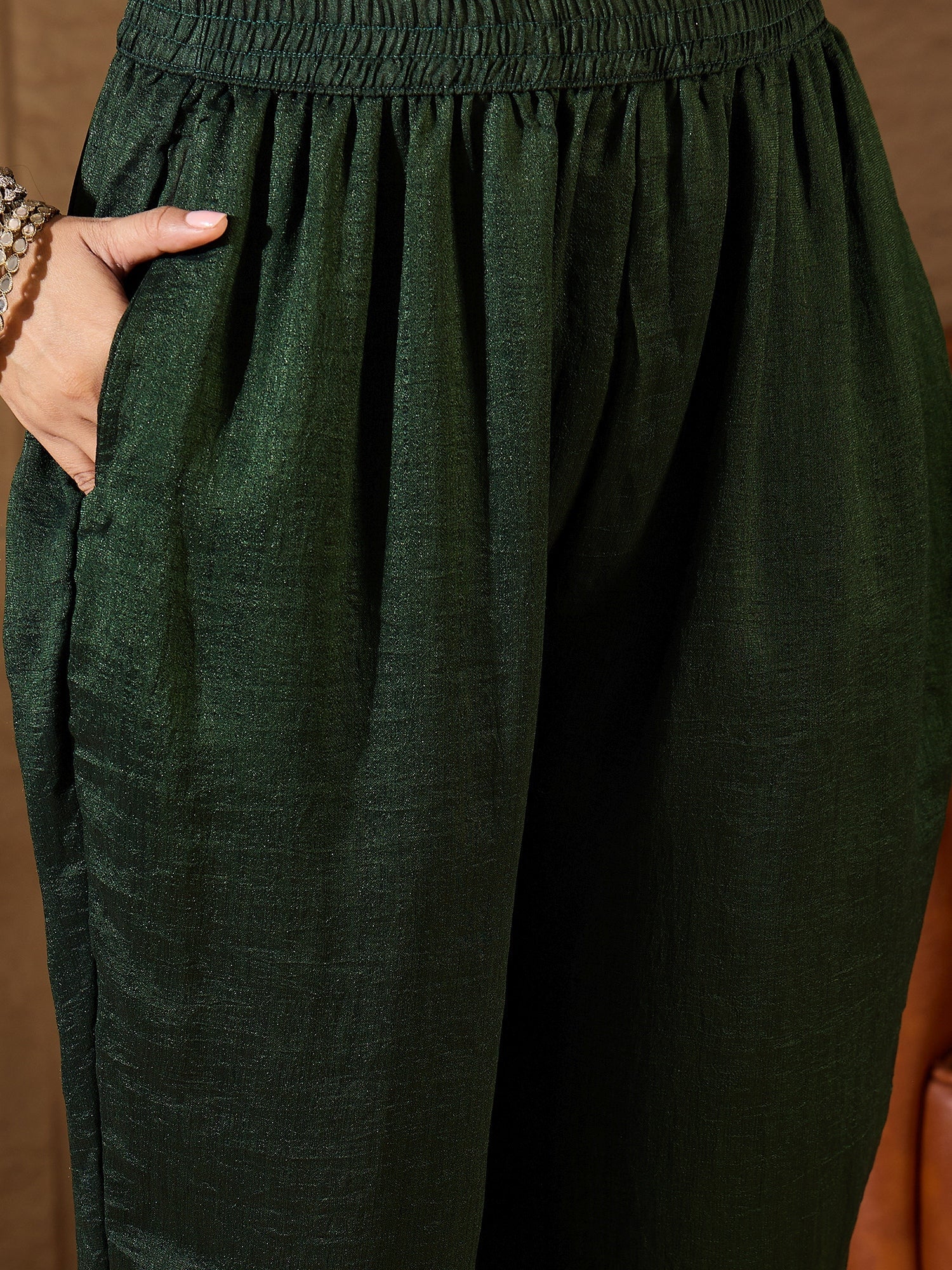 Green Silk Blend Yoke Design Kurta and Trousers Pant Set - FitVibe Fashion