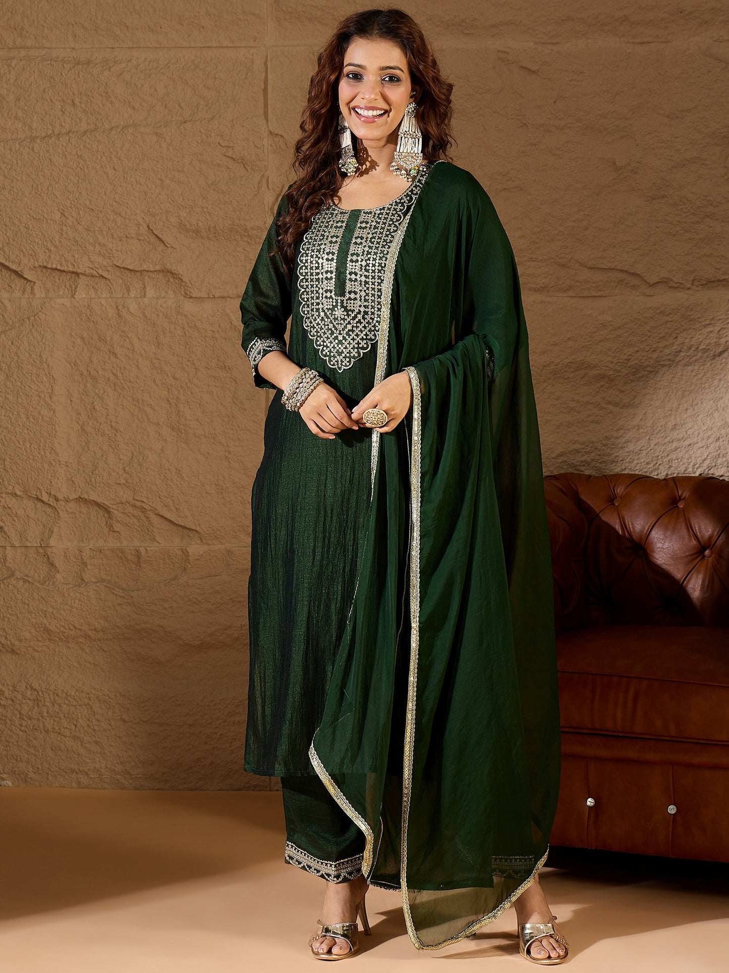 Green Silk Blend Yoke Design Kurta and Trousers Pant Set - FitVibe Fashion