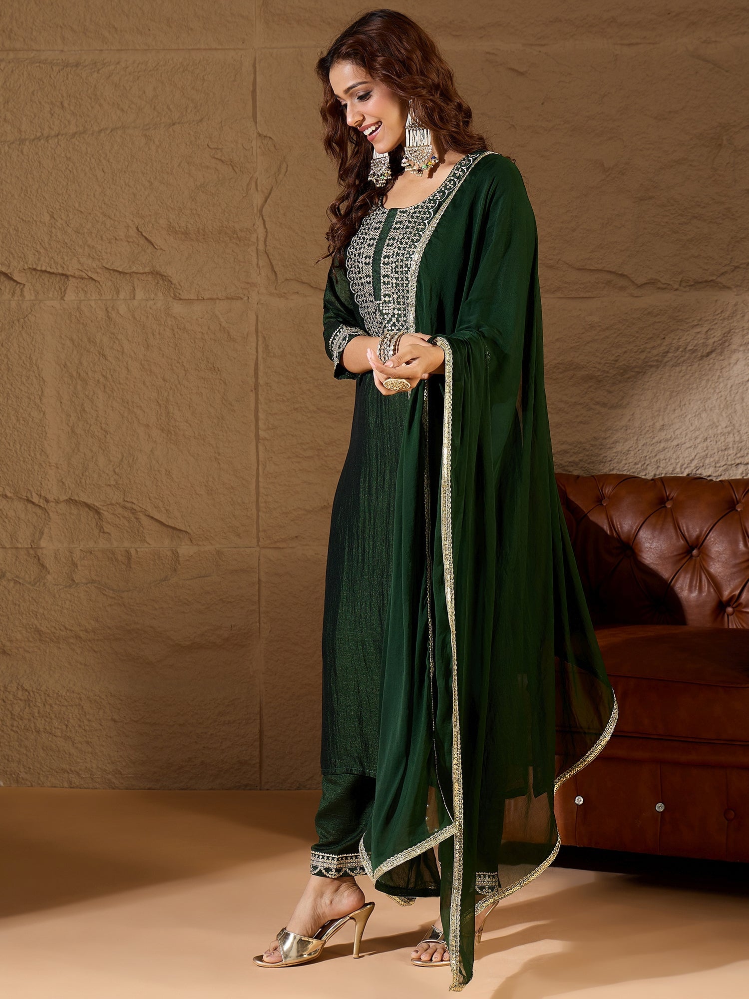 Green Silk Blend Yoke Design Kurta and Trousers Pant Set - FitVibe Fashion