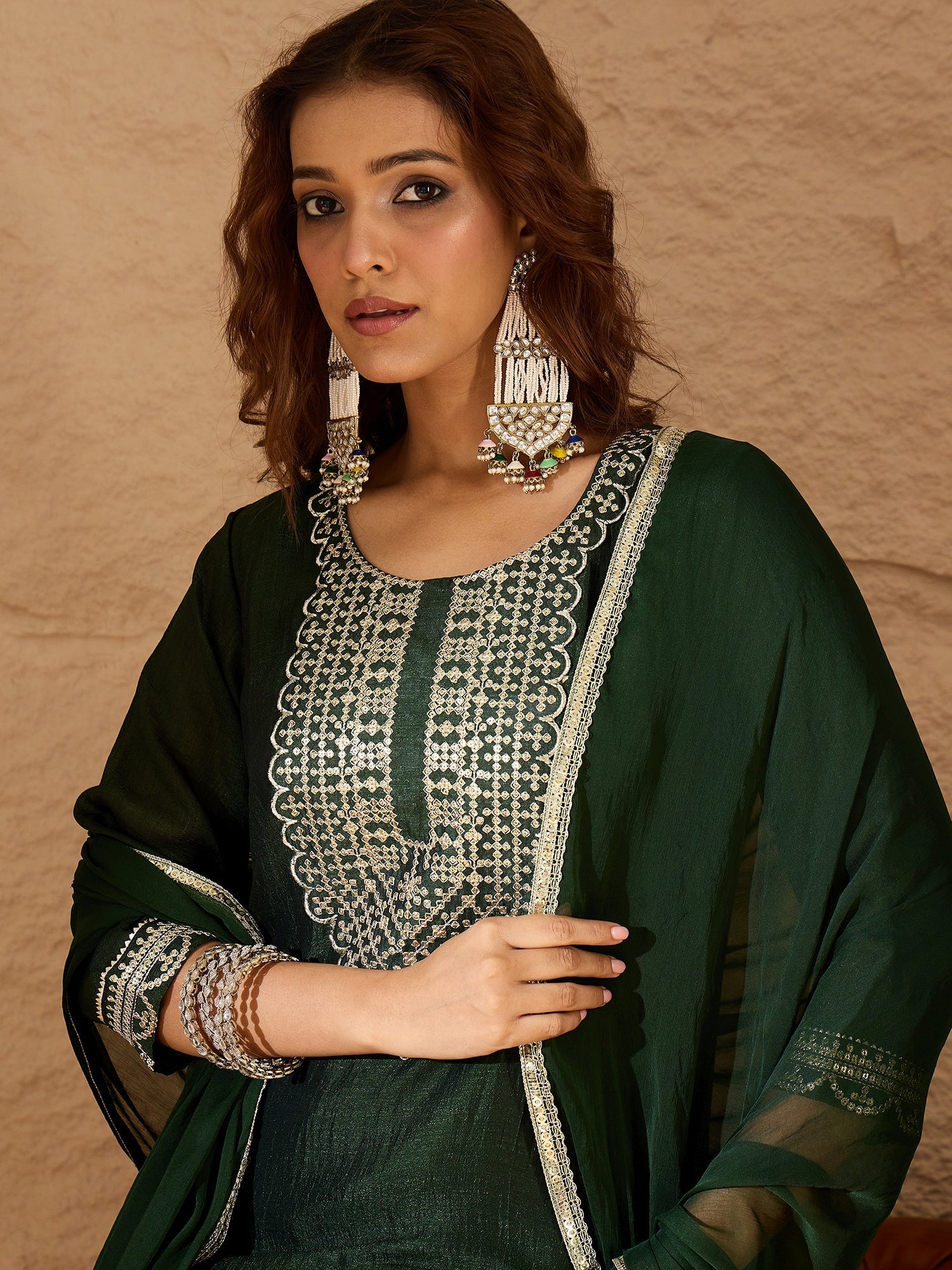 Green Silk Blend Yoke Design Kurta and Trousers Pant Set - FitVibe Fashion