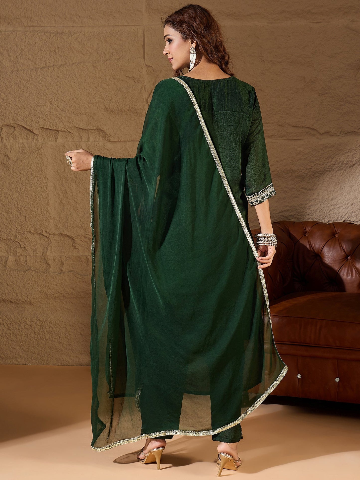 Green Silk Blend Yoke Design Kurta and Trousers Pant Set - FitVibe Fashion