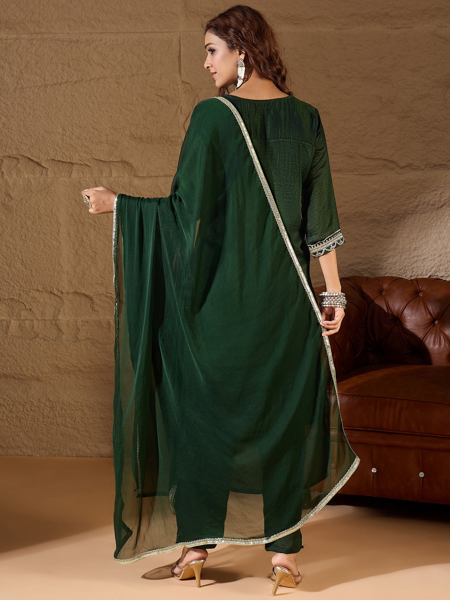 Green Silk Blend Yoke Design Kurta and Trousers Pant Set - FitVibe Fashion
