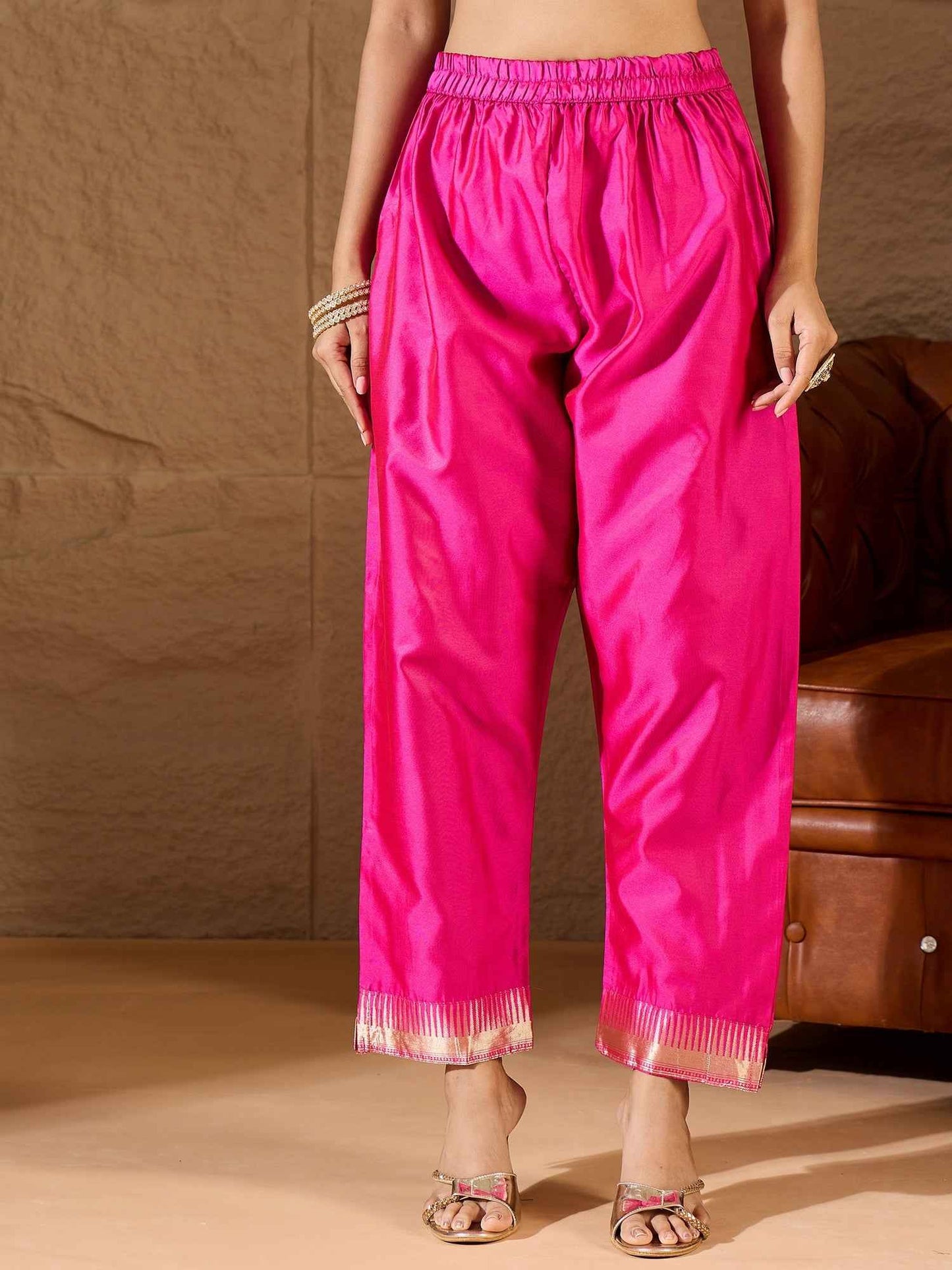 Aanira Pink Cotton Silk Jacquard Kurta Pant With Banarasi Silk dupatta