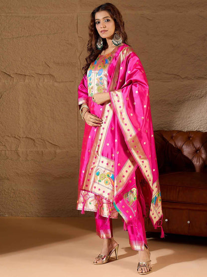 Aanira Pink Cotton Silk Jacquard Kurta Pant With Banarasi Silk dupatta