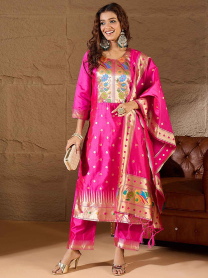 Aanira Pink Cotton Silk Jacquard Kurta Pant With Banarasi Silk dupatta