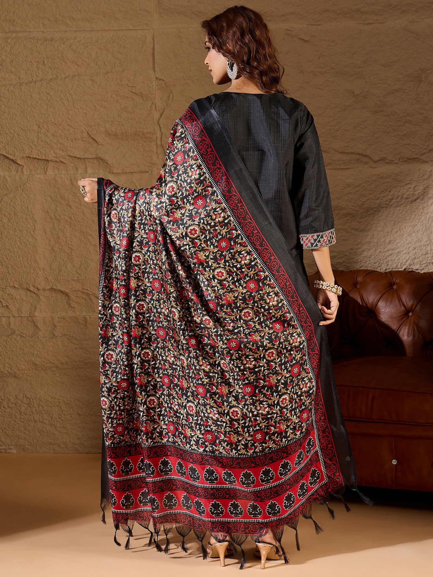 Devira Embroidered Silk Blend Calf Length Straight Kurta Trouser with Dupatta Set - FitVibe Fashion