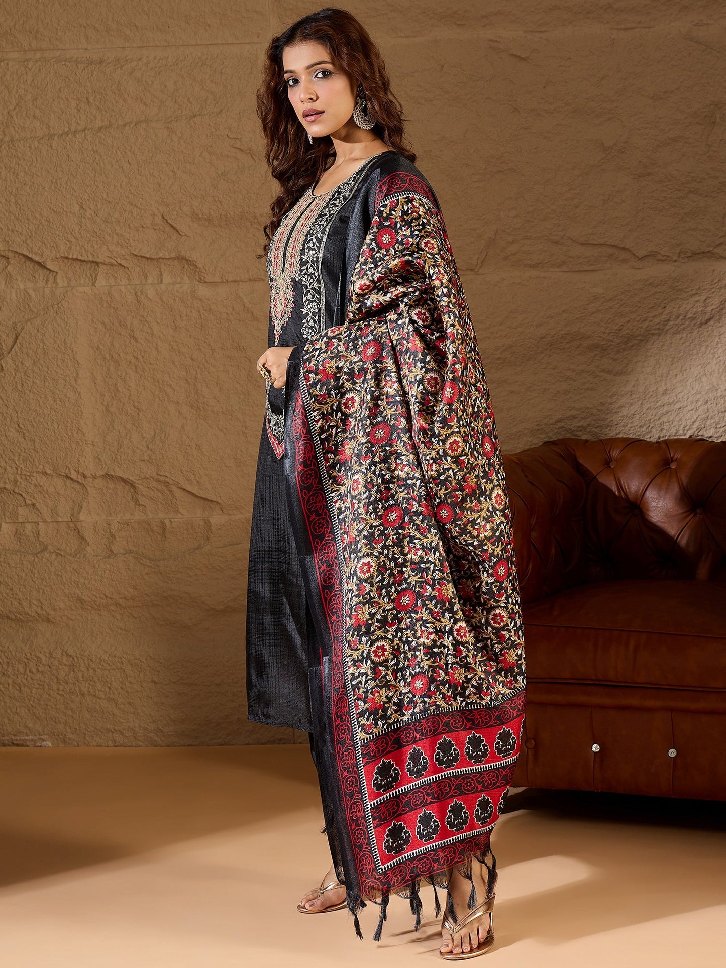 Devira Embroidered Silk Blend Calf Length Straight Kurta Trouser with Dupatta Set - FitVibe Fashion