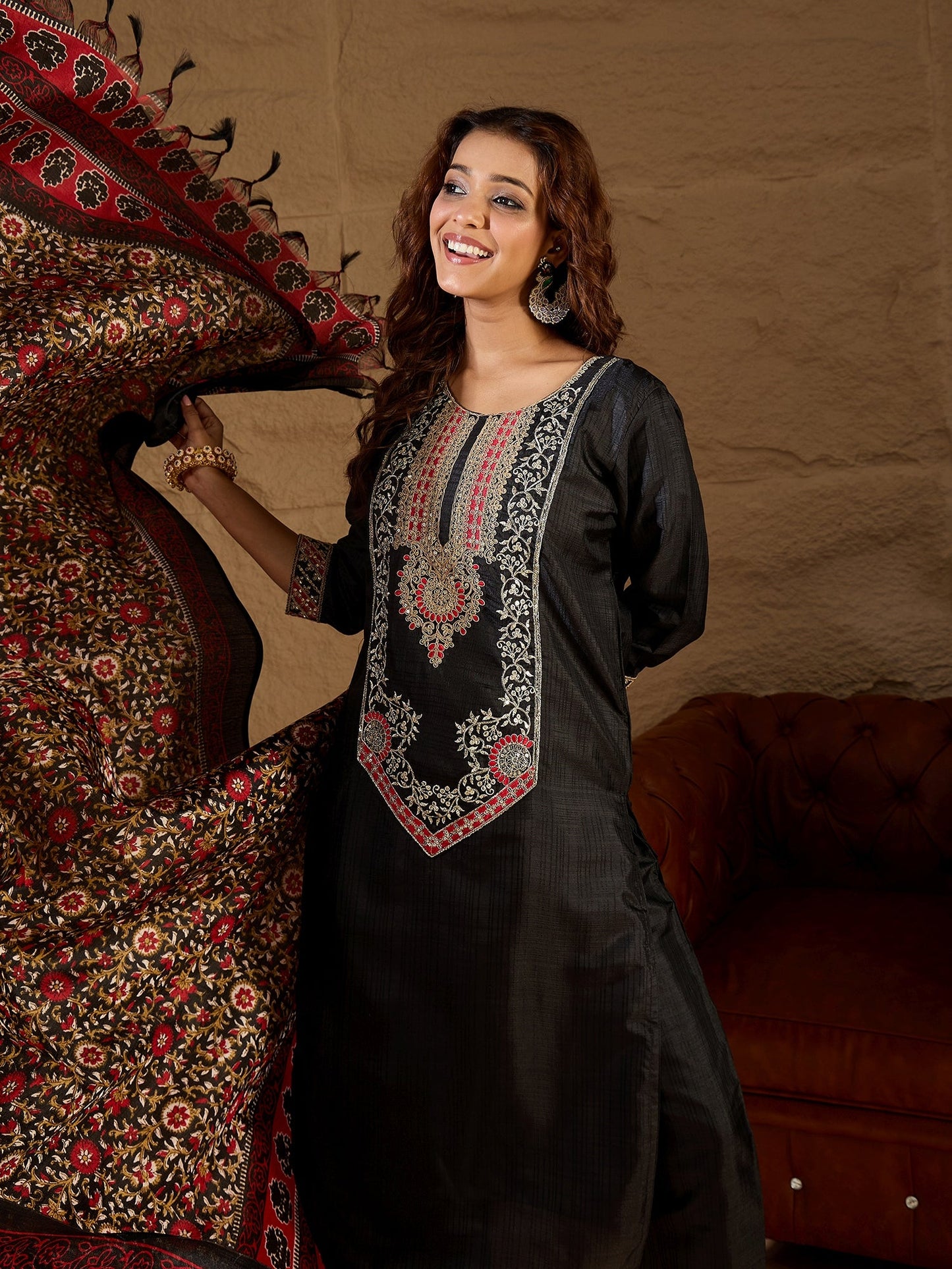 Devira Embroidered Silk Blend Calf Length Straight Kurta Trouser with Dupatta Set - FitVibe Fashion