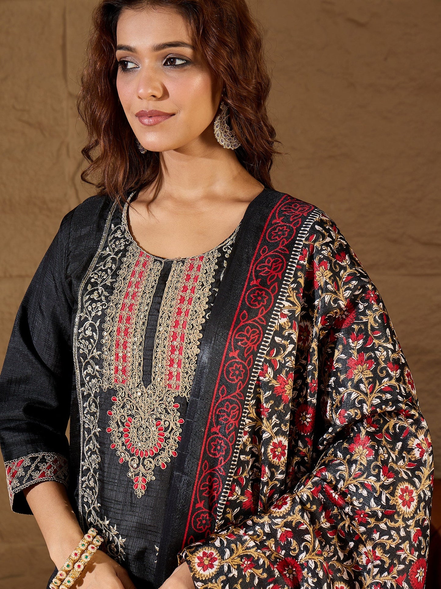 Devira Embroidered Silk Blend Calf Length Straight Kurta Trouser with Dupatta Set - FitVibe Fashion