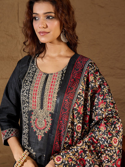 Devira Embroidered Silk Blend Calf Length Straight Kurta Trouser with Dupatta Set - FitVibe Fashion