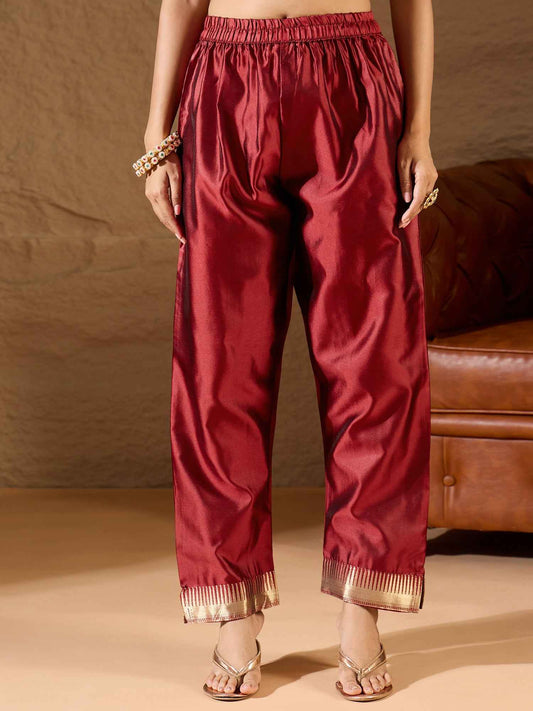 Aanira Maroon Cotton Silk Jacquard Kurta Pant With Banarasi Silk dupatta