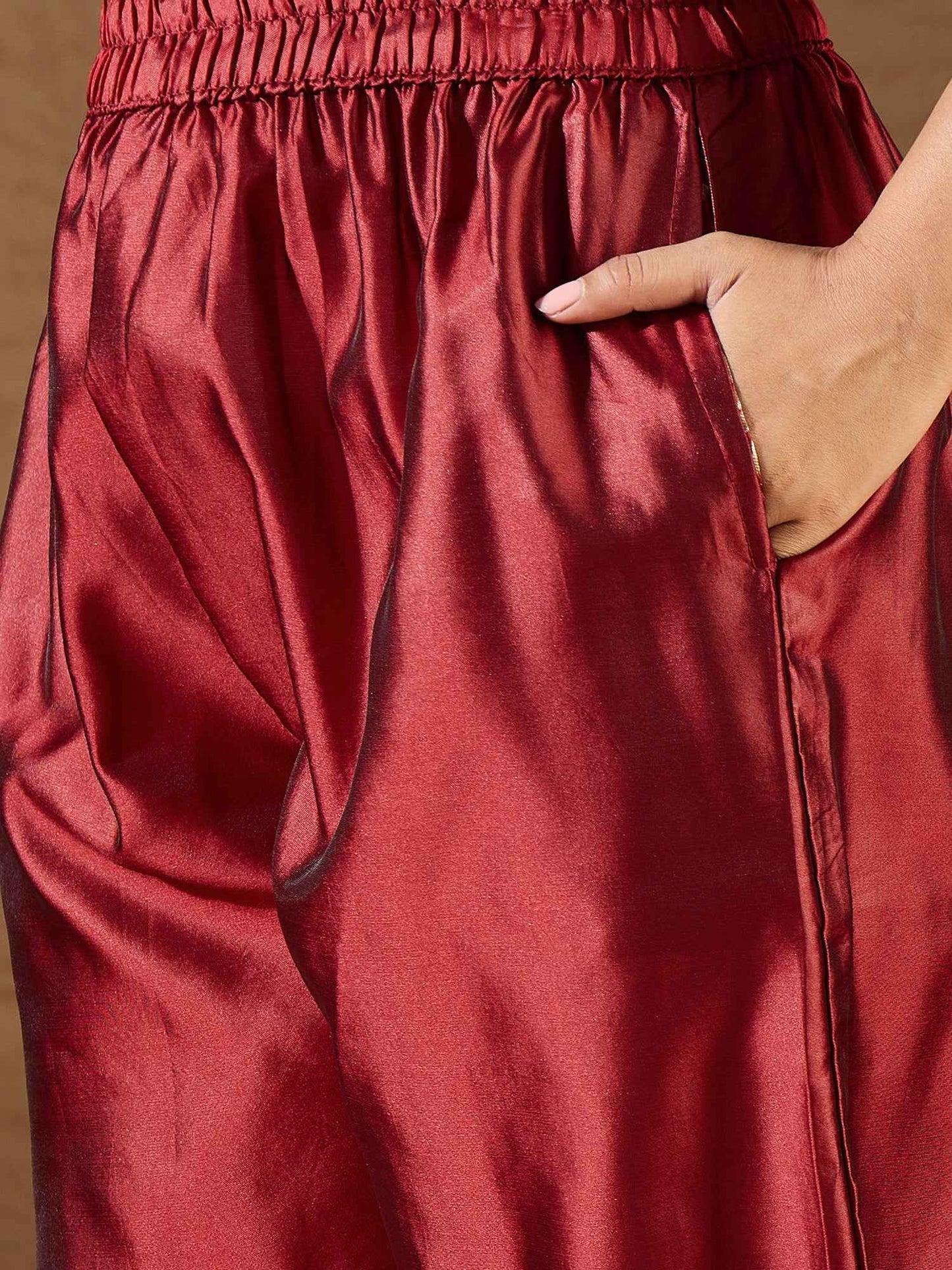 Aanira Maroon Cotton Silk Jacquard Kurta Pant With Banarasi Silk dupatta